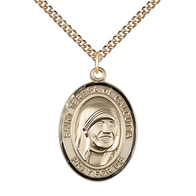 Large 14kt Gold Saint Teresa of Calcutta Pendant on a 24 inch 14kt Gold Heavy Curb Chain, Measures 1-inch tall by 3/4-inch wide, Bliss Manufacturing