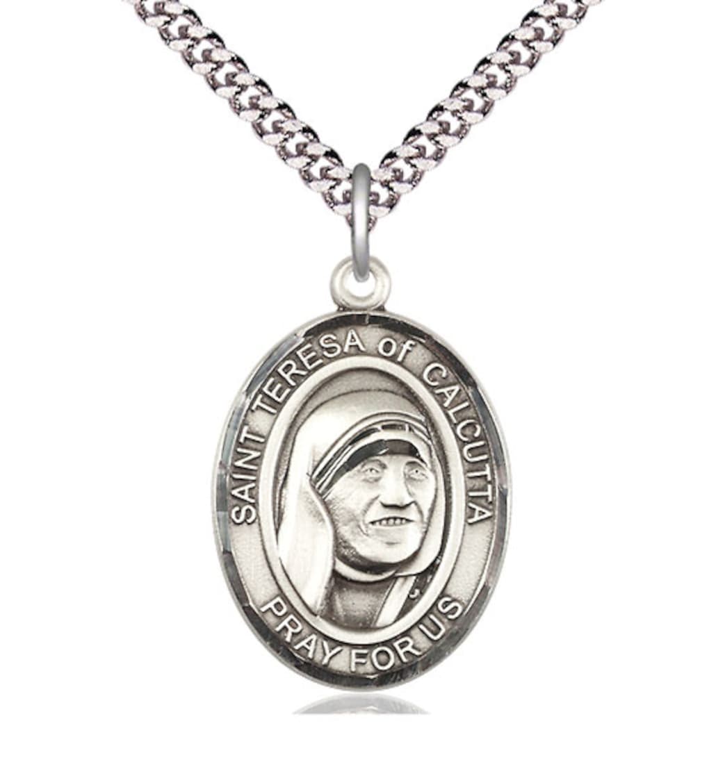 Bliss St Teresa of Calcutta Pewter Oval Medal Necklace