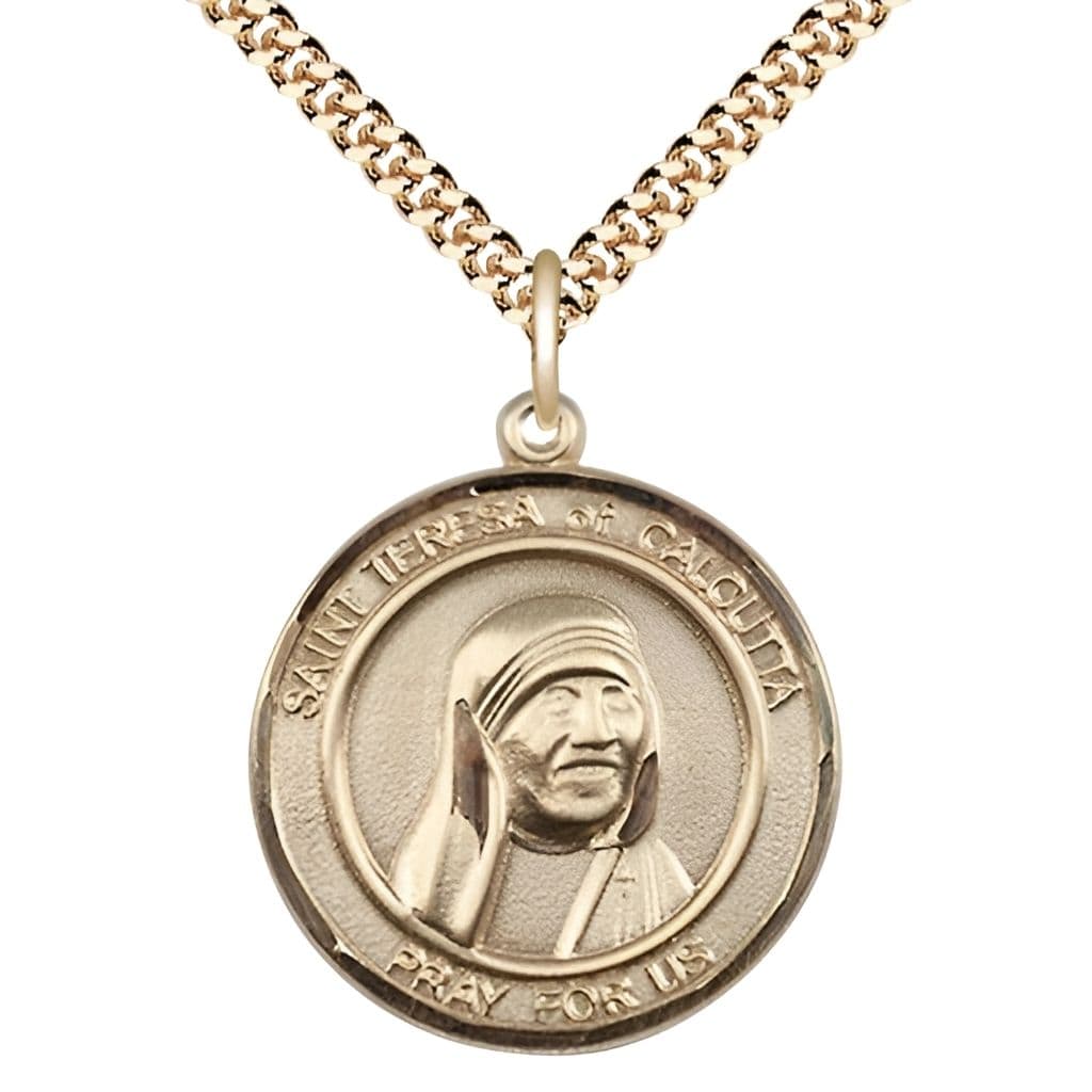 Bliss St. Teresa of Calcutta Gold-filled Round Medal with Gold-plated Chain, 1-inch tall by 7/8 - inch wide