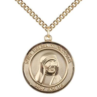St. Teresa of Calcutta Gold-filled Round Medal with Gold-filled Chain, 1-inch tall by 7/8 - inch wide, Bliss Manufacturing
