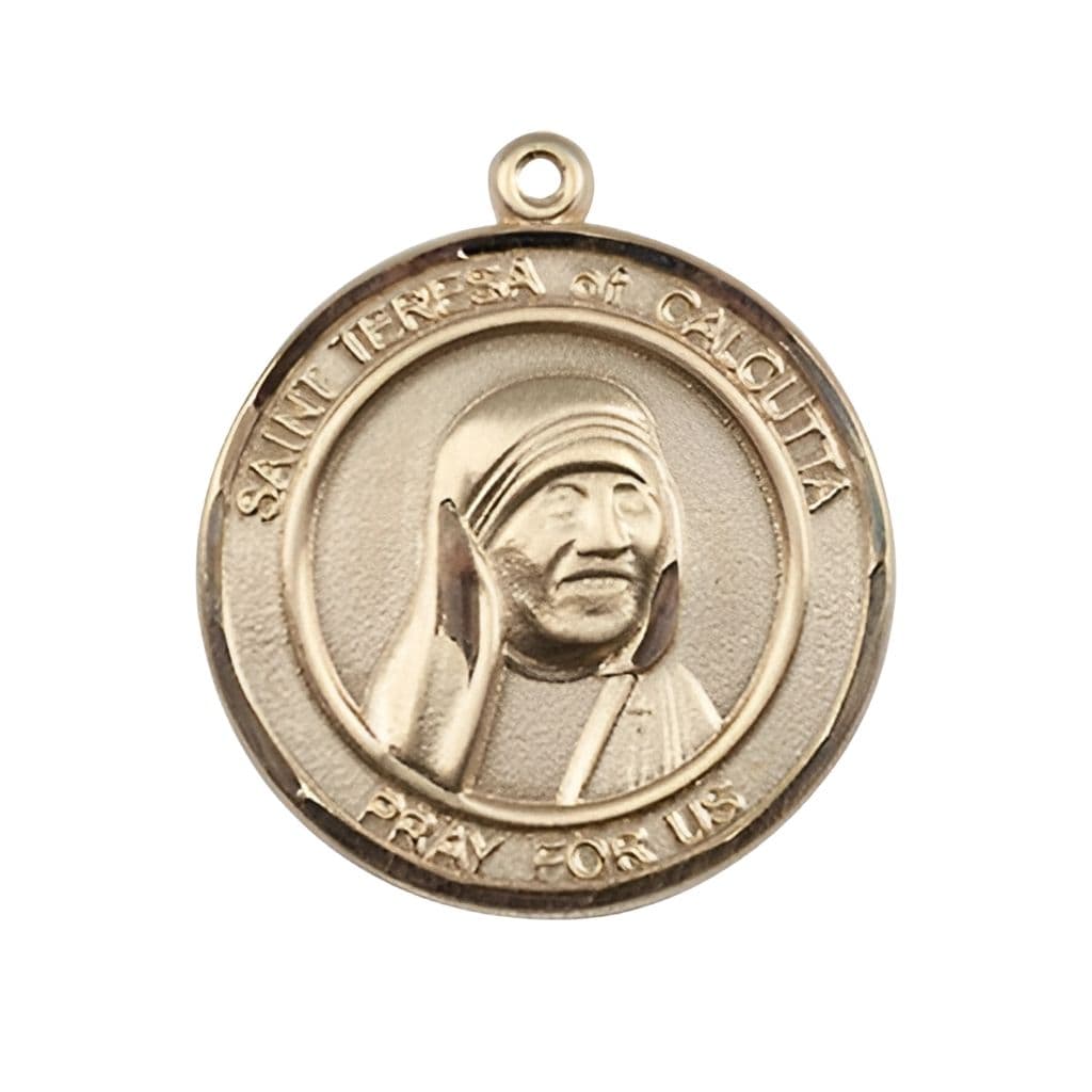 St. Teresa of Calcutta 14kt Gold Round Medal by Bliss Manufacturing, 1-inch tall by 7/8 - inch wide