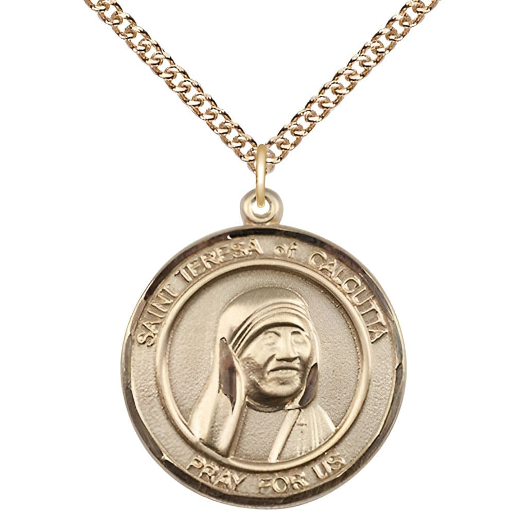 St. Teresa of Calcutta 14kt Gold Round Medal with 14kt Gold Chain by Bliss Manufacturing, 1-inch tall by 7/8 - inch wide
