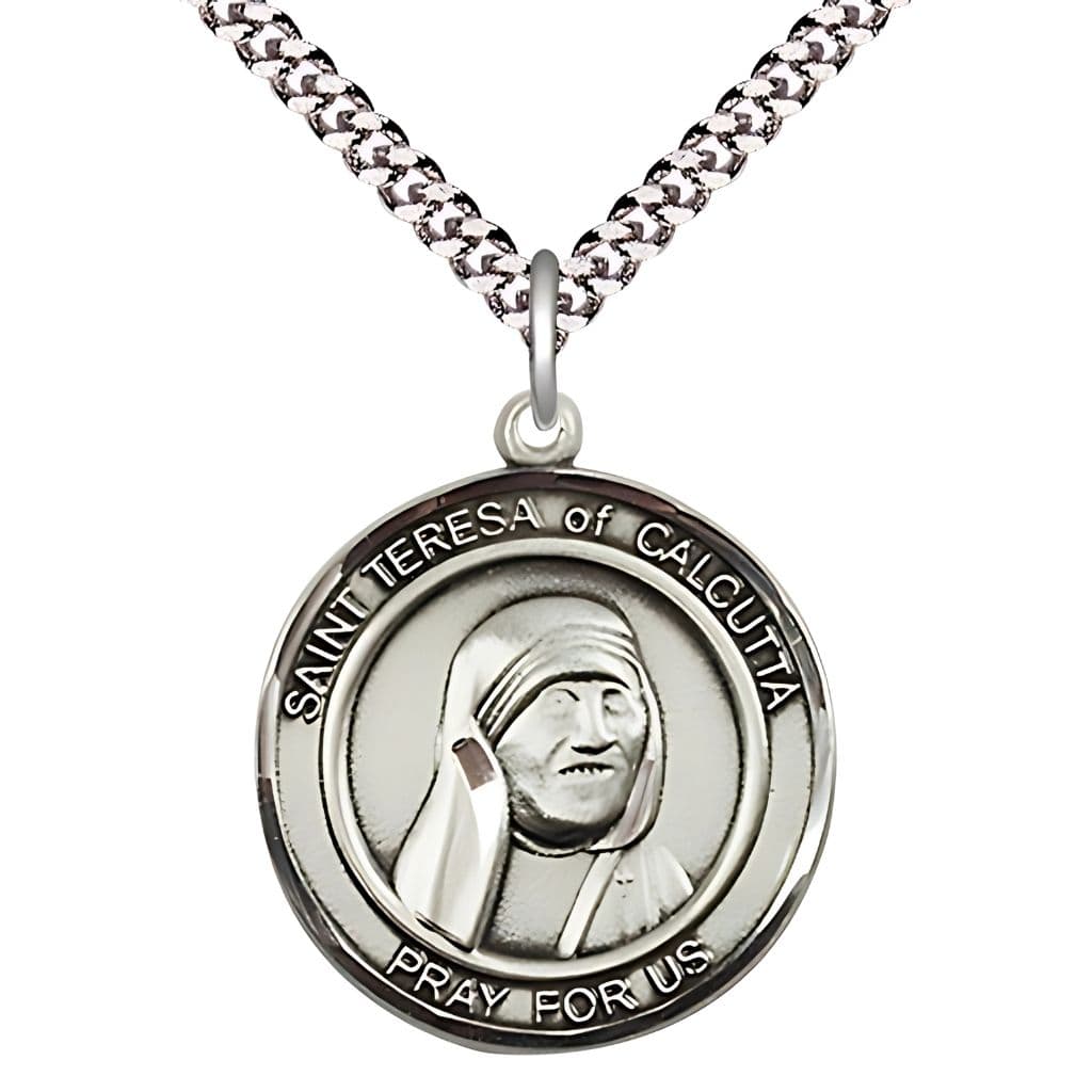 Bliss St. Teresa of Calcutta Sterling Silver Round Medal with Plated Chain, Measures 1-inch tall by 7/8 - inch wide