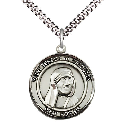 St. Teresa of Calcutta Sterling Silver Round Medal with Plated Chain, Measures 1-inch tall by 7/8 - inch wide, Bliss Manufacturing