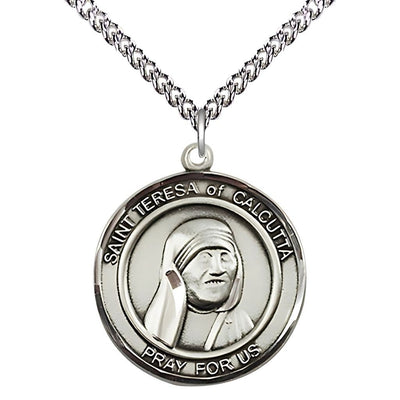 St. Teresa of Calcutta Sterling Silver Round Medal with Sterling Silver Chain, Measures 1-inch tall by 7/8 - inch wide, Bliss Manufacturing