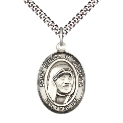 St Teresa of Calcutta Sterling Silver Oval Large Medal Necklace with Plated Chain, Measures 1-inch tall by 3/4-inch wide, Bliss Manufacturing