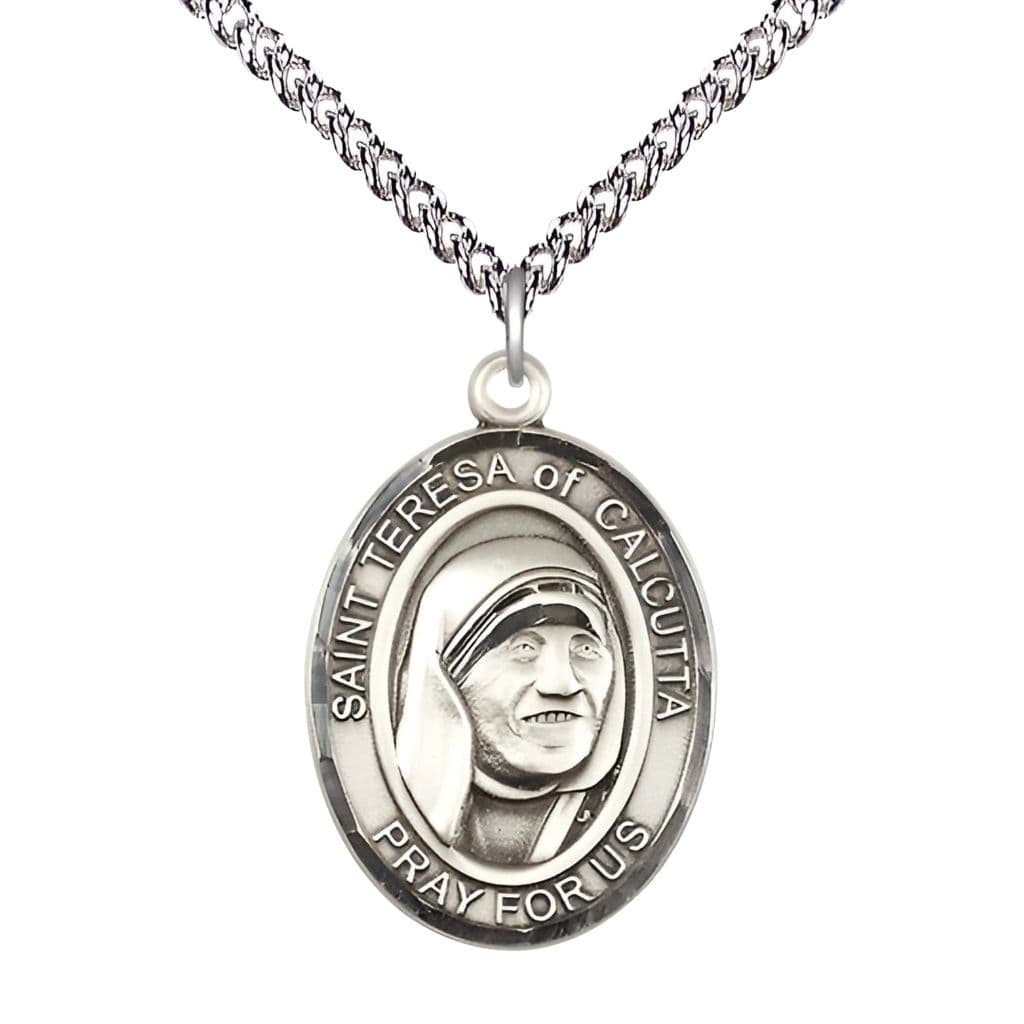 Bliss St Teresa of Calcutta Sterling Silver Oval Large Medal Necklace with Sterling Chain, Measures 1-inch tall by 3/4-inch wide