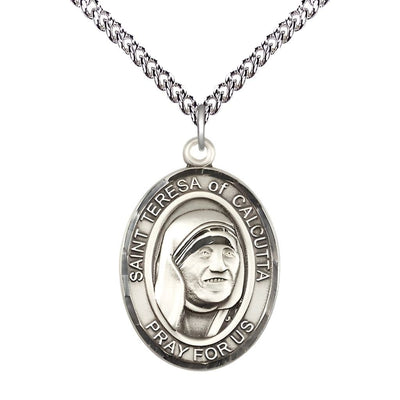 St Teresa of Calcutta Sterling Silver Oval Large Medal Necklace with Sterling Chain, Measures 1-inch tall by 3/4-inch wide, Bliss Manufacturing