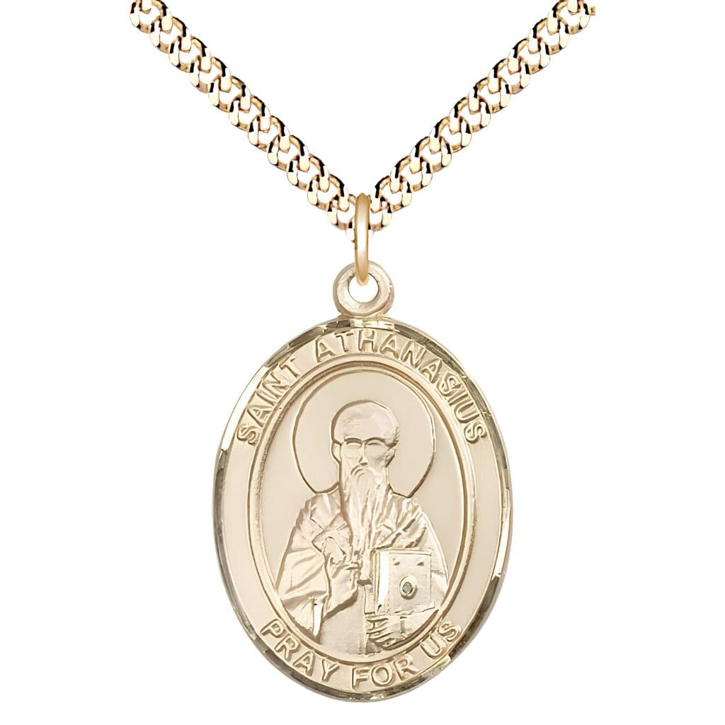 Bliss St. Athanasius 14kt Gold-filled Oval Medal Pendant with Gold-plated Chain, Measures 1-inch tall by 3/4-inch wide. Deluxe Gift Box.