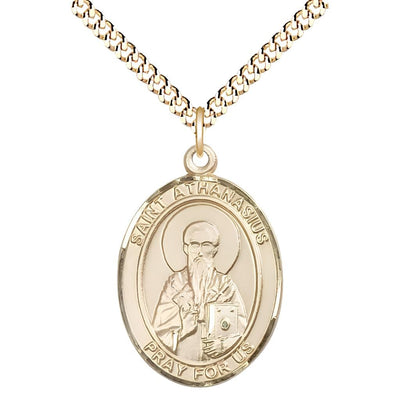 St. Athanasius 14kt Gold-filled Oval Medal Pendant with Gold-plated Chain, Measures 1-inch tall by 3/4-inch wide. Deluxe Gift Box, Bliss Manufacturing