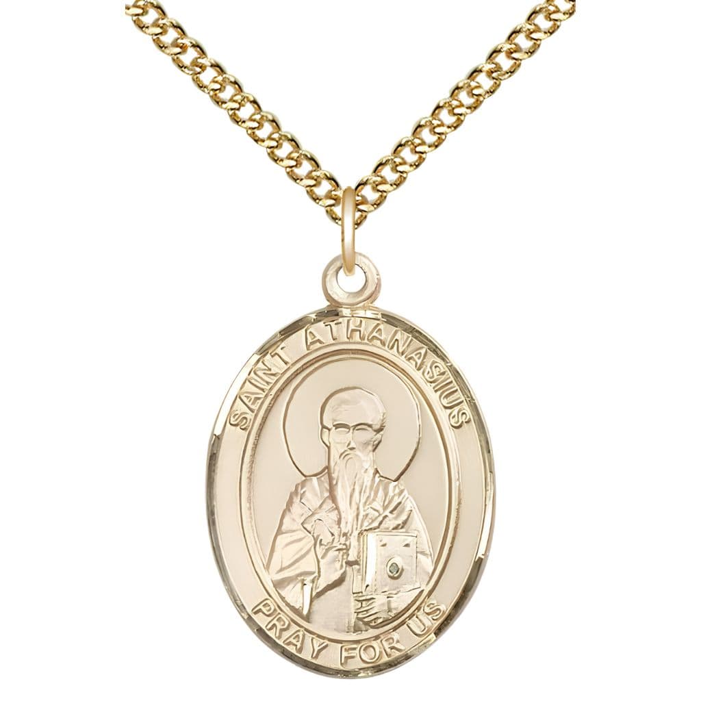 Bliss St. Athanasius 14kt Gold-filled Oval Medal Pendant with Gold-filled Chain, Measures 1-inch tall by 3/4-inch wide. Deluxe Gift Box.