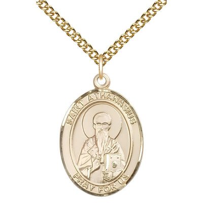 St. Athanasius 14kt Gold-filled Oval Medal Pendant with Gold-filled Chain, Measures 1-inch tall by 3/4-inch wide. Deluxe Gift Box, Bliss Manufacturing