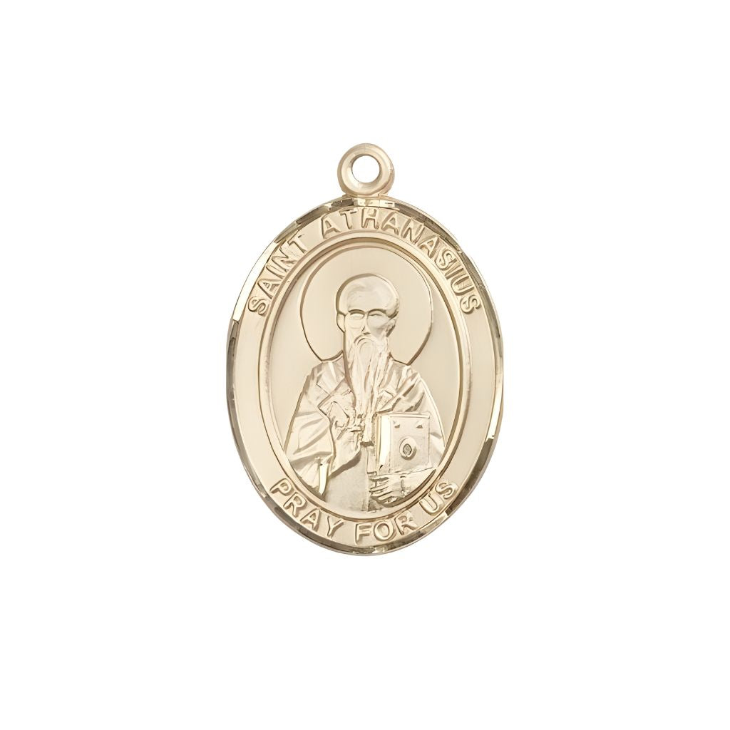 Bliss St. Athanasius 14kt Gold Oval Medal Pendant, Measures 1-inch tall by 3/4-inch wide. Deluxe Gift Box.