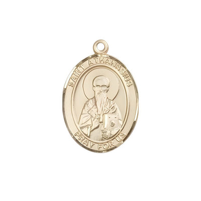 St. Athanasius 14kt Gold Oval Medal Pendant, Measures 1-inch tall by 3/4-inch wide. Deluxe Gift Box, Bliss Manufacturing