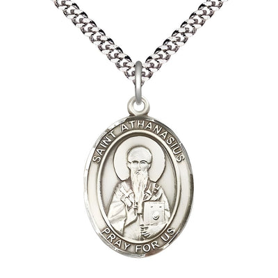 St. Athanasius Sterling Silver Oval Medal Pendant with Rhodium-plated Chain, Measures 1-inch tall by 3/4-inch wide. Deluxe Gift Box, Bliss Manufacturing