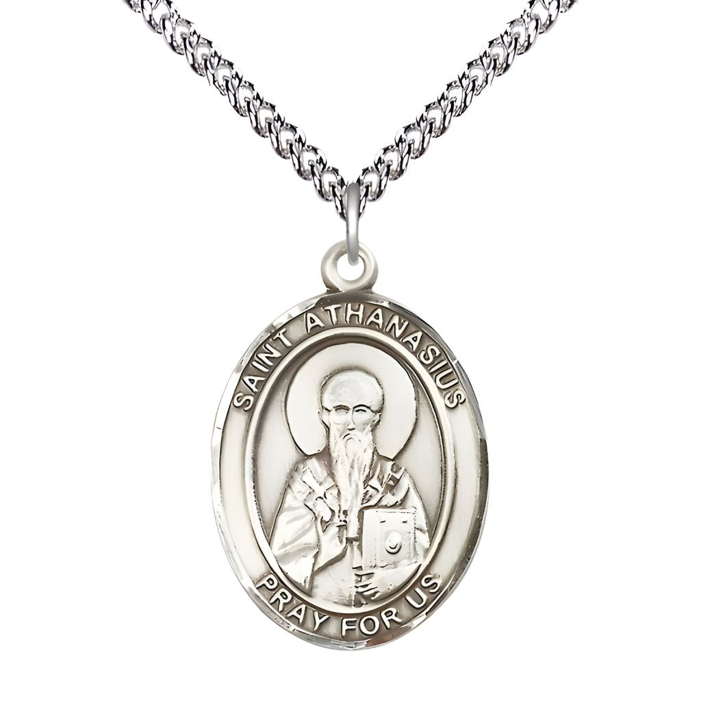 Bliss St. Athanasius Sterling Silver Oval Medal Pendant with Sterling Silver Chain, Measures 1-inch tall by 3/4-inch wide. Deluxe Gift Box.