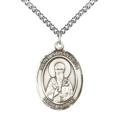 St. Athanasius Sterling Silver Oval Medal Pendant with Sterling Silver Chain, Measures 1-inch tall by 3/4-inch wide. Deluxe Gift Box, Bliss Manufacturing