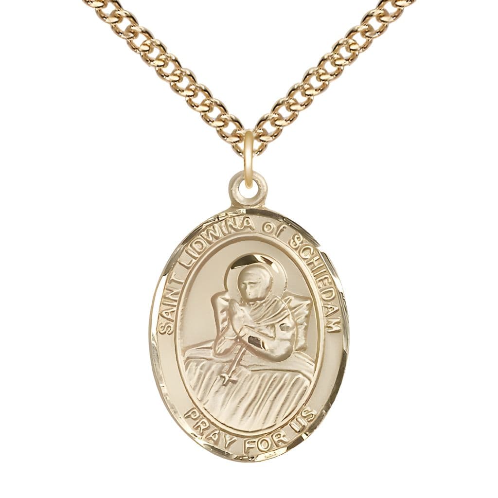 Bliss St. Lidwina of Schiedam 14kt Gold Oval Medal Pendant with 14kt Gold Chain, Measures 1-inch tall by 3/4-inch wide.
