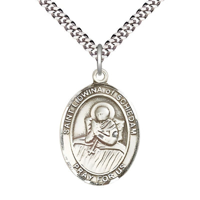St. Lidwina of Schiedam Sterling Silver Oval Medal Pendant with Rhodium-plated Chain, Measures 1-inch tall by 3/4-inch wide, Bliss Manufacturing