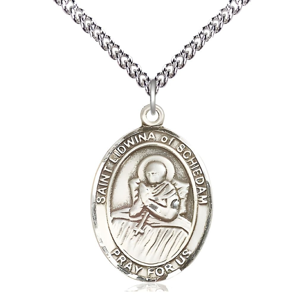 Bliss St. Lidwina of Schiedam Sterling Silver Oval Medal Pendant with Sterling Chain, Measures 1-inch tall by 3/4-inch wide.