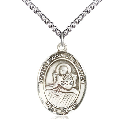 St. Lidwina of Schiedam Sterling Silver Oval Medal Pendant with Sterling Chain, Measures 1-inch tall by 3/4-inch wide, Bliss Manufacturing