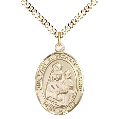 Our Lady of Prompt Succor 14kt Gold-filled Oval Medal Pendant with Gold-plated Chain, Measures 1-inch tall by 3/4-inch wide. Deluxe Gift Box, Bliss Manufacturing