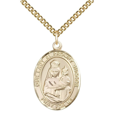 Our Lady of Prompt Succor 14kt Gold-filled Oval Medal Pendant with Gold-filled Chain, Measures 1-inch tall by 3/4-inch wide. Deluxe Gift Box, Bliss Manufacturing