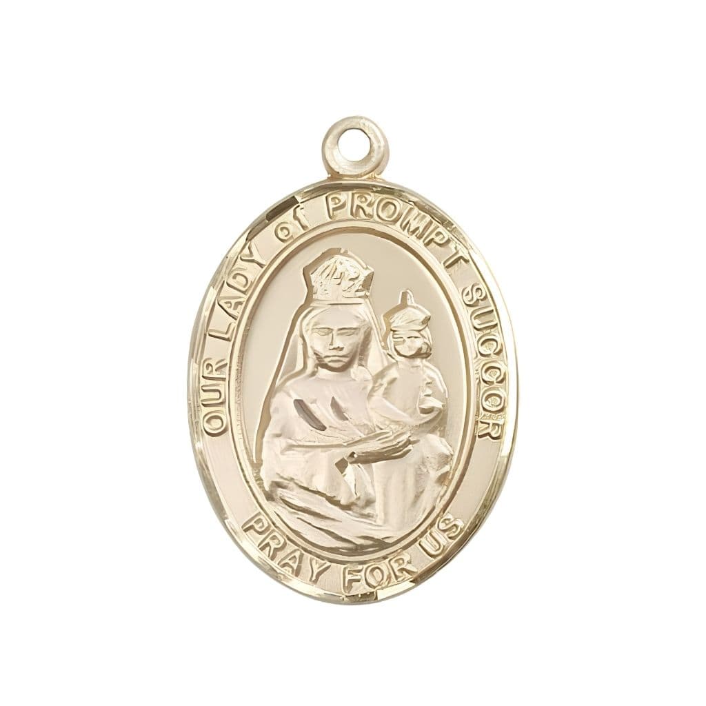Bliss Our Lady of Prompt Succor 14kt Gold Oval Medal Pendant, Measures 1-inch tall by 3/4-inch wide. Deluxe Gift Box.