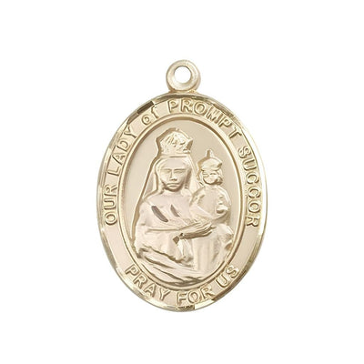 Our Lady of Prompt Succor 14kt Gold Oval Medal Pendant, Measures 1-inch tall by 3/4-inch wide. Deluxe Gift Box, Bliss Manufacturing