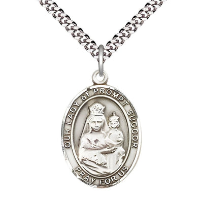 Our Lady of Prompt Succor Sterling Silver Oval Medal Pendant with Rhodium-plated Chain, Measures 1-inch tall by 3/4-inch wide. Deluxe Gift Box, Bliss Manufacturing