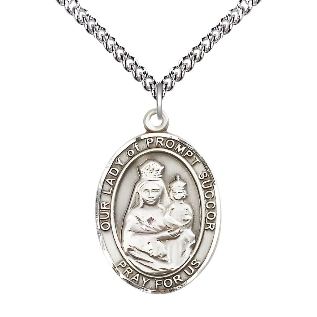 Bliss Our Lady of Prompt Succor Sterling Silver Oval Medal Pendant with Sterling Silver Chain, Measures 1-inch tall by 3/4-inch wide. Deluxe Gift Box.