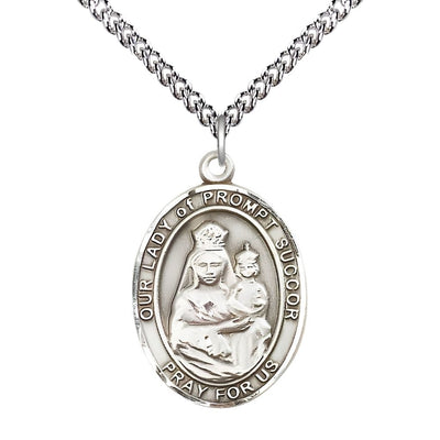 Our Lady of Prompt Succor Sterling Silver Oval Medal Pendant with Sterling Silver Chain, Measures 1-inch tall by 3/4-inch wide. Deluxe Gift Box, Bliss Manufacturing
