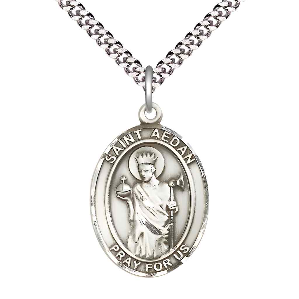 Large Saint Aedan of Ferns Pewter Oval Medal Pendant with 24" Rhodium-plated Curb Chain with Deluxe Gift Box | Bliss Manufacturing