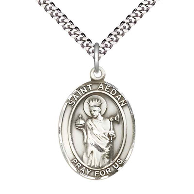 Large Saint Aedan of Ferns Pewter Oval Medal Pendant with 24" Rhodium-plated Curb Chain with Deluxe Gift Box | Bliss Manufacturing
