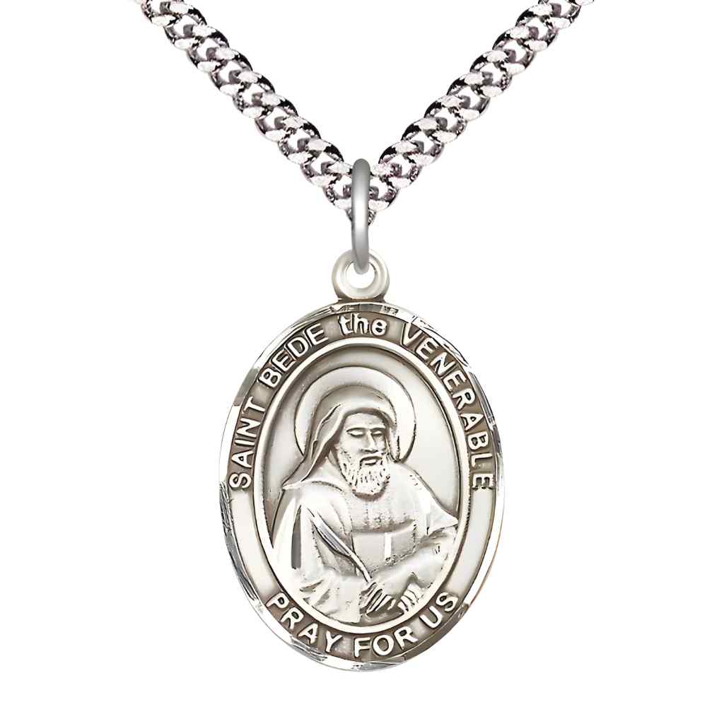 Large Saint Bede the Venerable Pewter Oval Medal Pendant with 24" Rhodium-plated Curb Chain in Deluxe Gift Box | Bliss Manufacturing