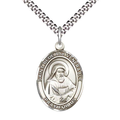 Large Saint Bede the Venerable Pewter Oval Medal Pendant with 24" Rhodium-plated Curb Chain in Deluxe Gift Box | Bliss Manufacturing