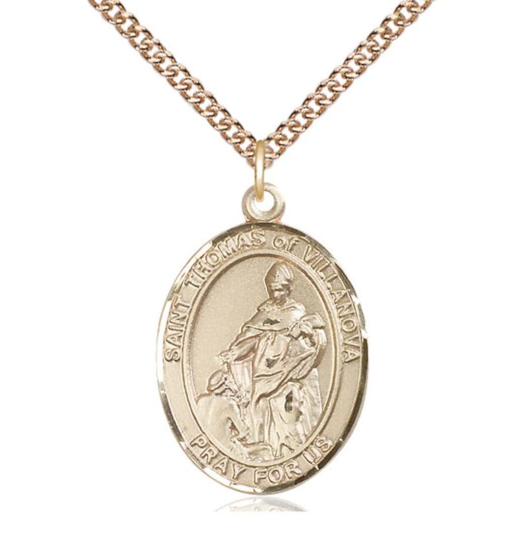 Large Bliss 14kt Gold Filled St Thomas of Villanova Pendant on a 24 inch Gold Plate Heavy Curb Chain,