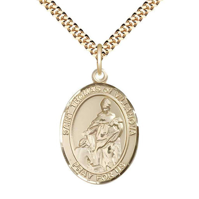 Large 14kt Gold Filled St Thomas of Villanova Pendant on a 24 inch Gold Plate Heavy Curb Chain, Bliss Manufacturing