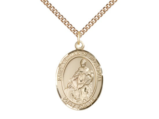 Bliss Large 14kt Gold St Thomas of Villanova Pendant on a 24 inch 14kt Gold Heavy Curb Chain