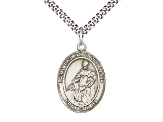 Large Bliss Pewter St Thomas of Villanova Pendant on a 24 inch Light Rhodium Heavy Curb Chain