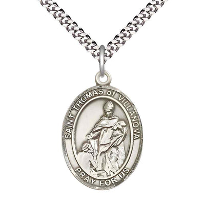 Large Pewter St Thomas of Villanova Pendant on a 24 inch Light Rhodium Heavy Curb Chain, Bliss Manufacturing