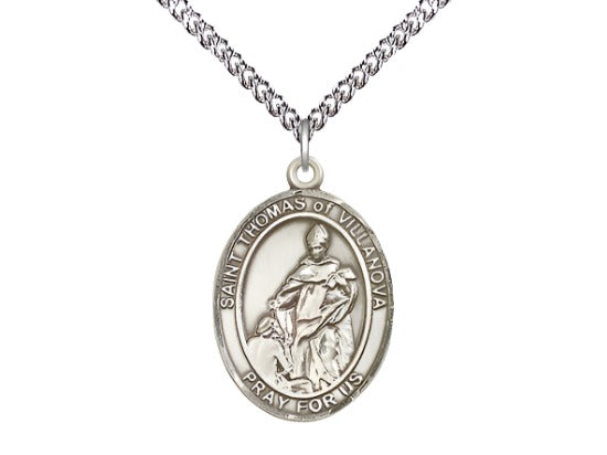 Bliss Large Sterling Silver St Thomas of Villanova Pendant on a 24 inch Sterling Silver Heavy Curb Chain,