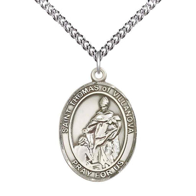Large Sterling Silver St Thomas of Villanova Pendant on a 24 inch Sterling Silver Heavy Curb Chain, Bliss Manufacturing