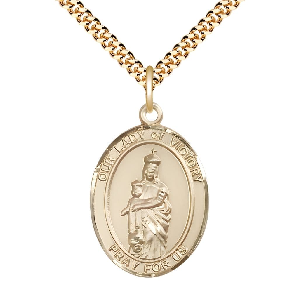 Bliss 14kt Gold-filled Our Lady of Victory Oval Medal with Gold-Plated Chain, 1" tall x 3/4" wide