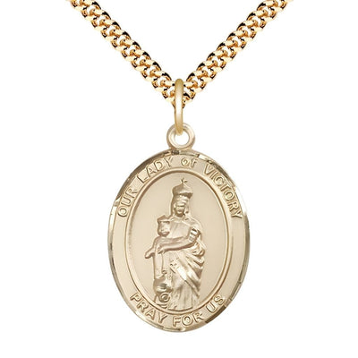 14kt Gold-filled Our Lady of Victory Oval Medal with Gold-Plated Chain, 1" tall x 3/4" wide, Bliss Manufacturing