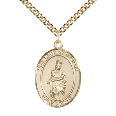 14kt Gold-filled Our Lady of Victory Oval Medal with Gold-filled Chain, 1" tall x 3/4" wide, Bliss Manufacturing