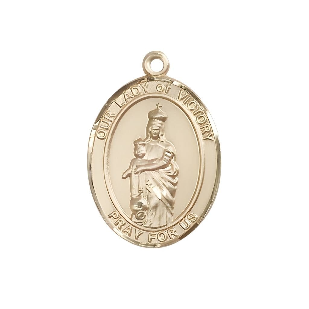 Bliss 14kt Gold Our Lady of Victory Oval Medal, 1" tall x 3/4" wide