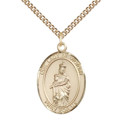 14kt Gold Our Lady of Victory Oval Medal with 14kt Gold Chain, 1" tall x 3/4" wide, Bliss Manufacturing