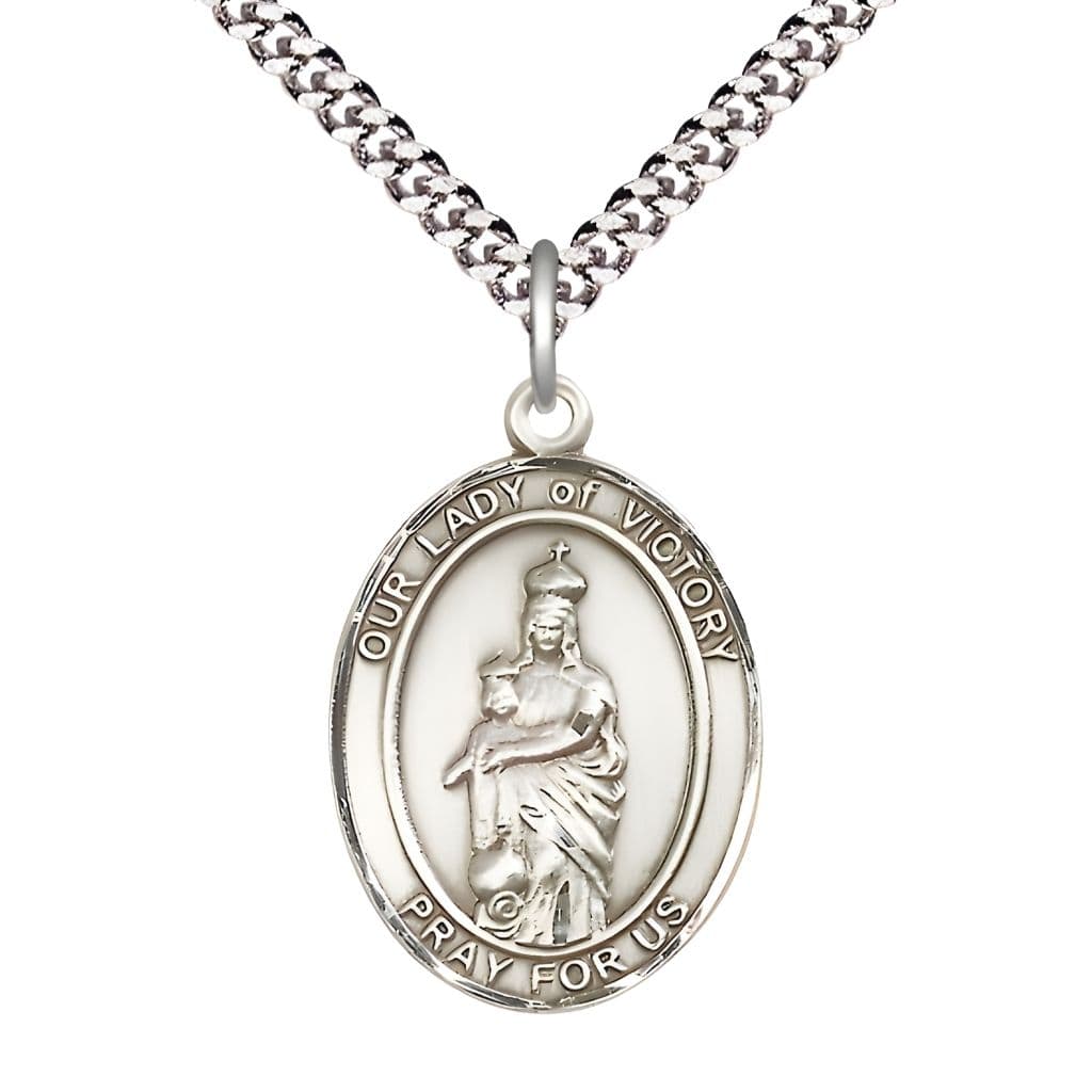Bliss Pewter Our Lady of Victory Oval Medal with Plated Chain, 1" tall x 3/4" wide