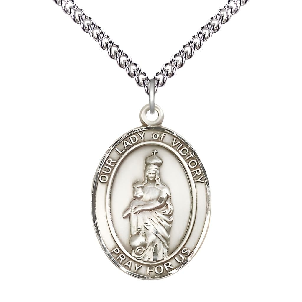 Bliss Sterling Silver Our Lady of Victory Oval Medal with Sterling Silver Chain, 1" tall x 3/4" wide